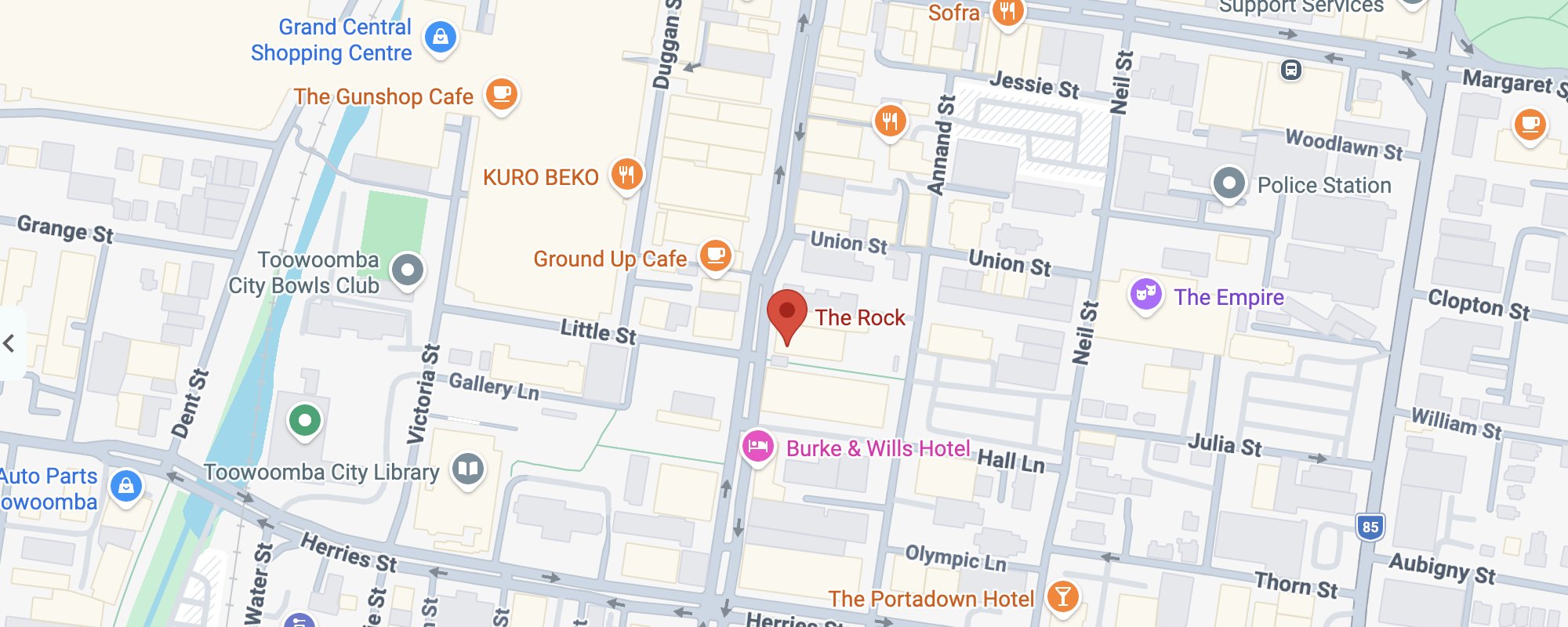 Map of Toowoomba City showing The Rock on Ruthven Street