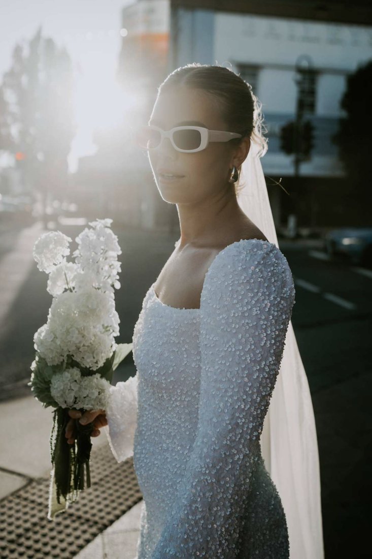 A bride outside The Rock on Ruthven Street, Toowoomba