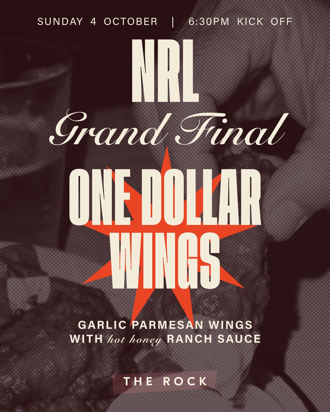 NRL Grand Final at The Rock Toowoomba, Sunday 4 October, 6:30pm kick off with one dollar wings