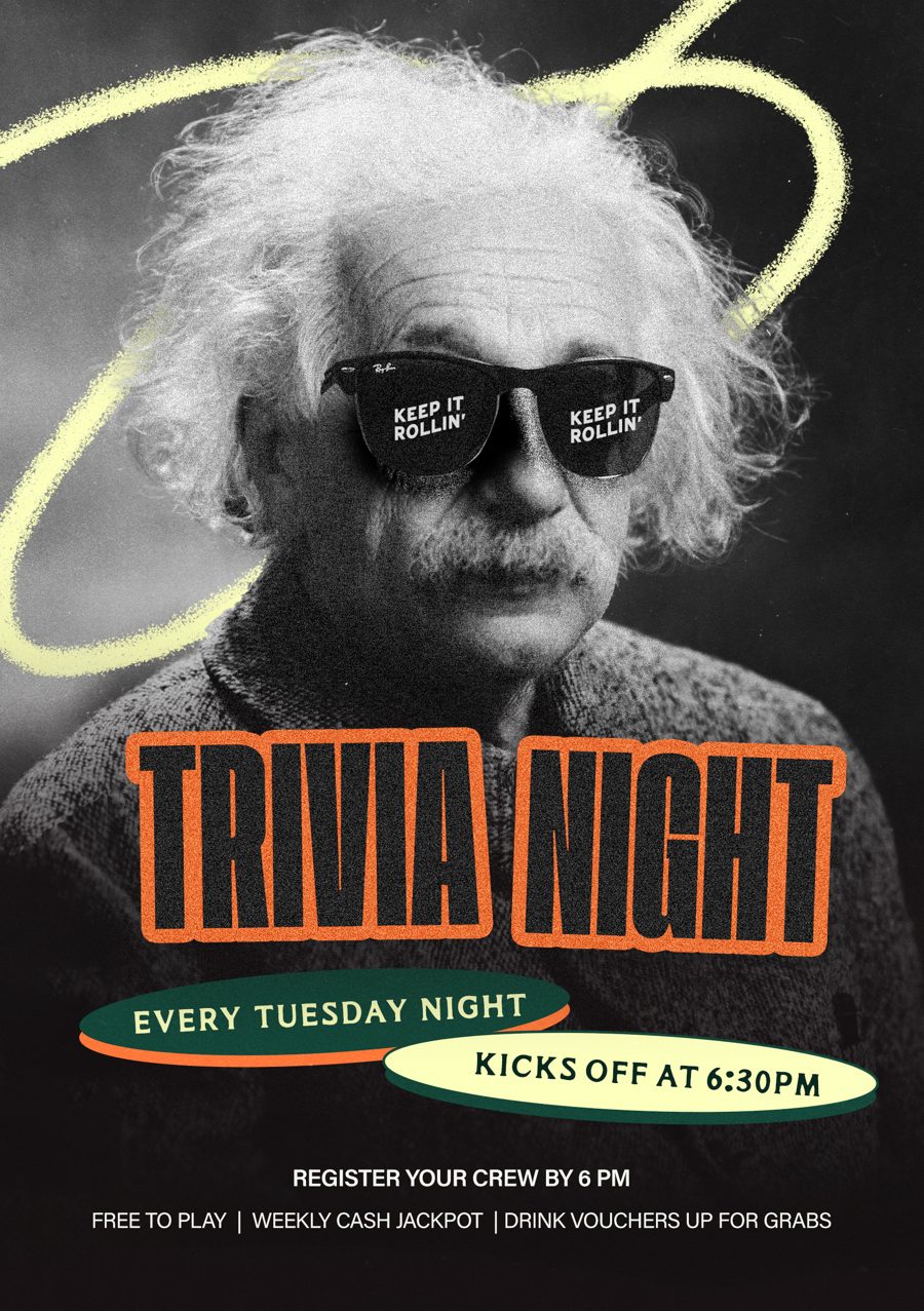 Trivia Night poster at The Rock, every Tuesday from 6:30pm